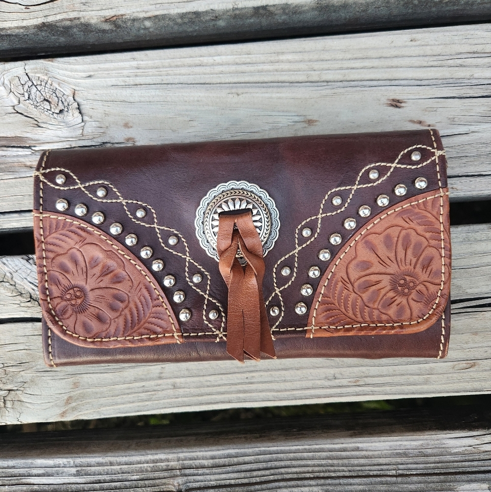 American West Tri-fold Tooled Leather Brown Studded Concho Wallet Western Cow